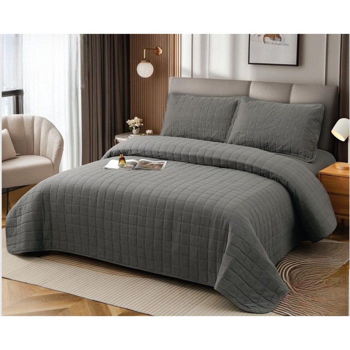 Set Cuvertura 3 piese 230 x 240 cm -Ideal ca pled de vara + Cearsaf de pat cu elastic 180 x 200 + 2 Fete Perna 55 x 80 cm Gri / Gri deschis