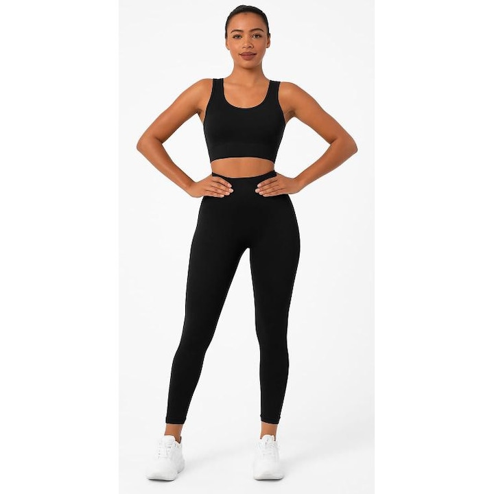 Set fitness femei, colanti si bustiera, culoare negru, marime S