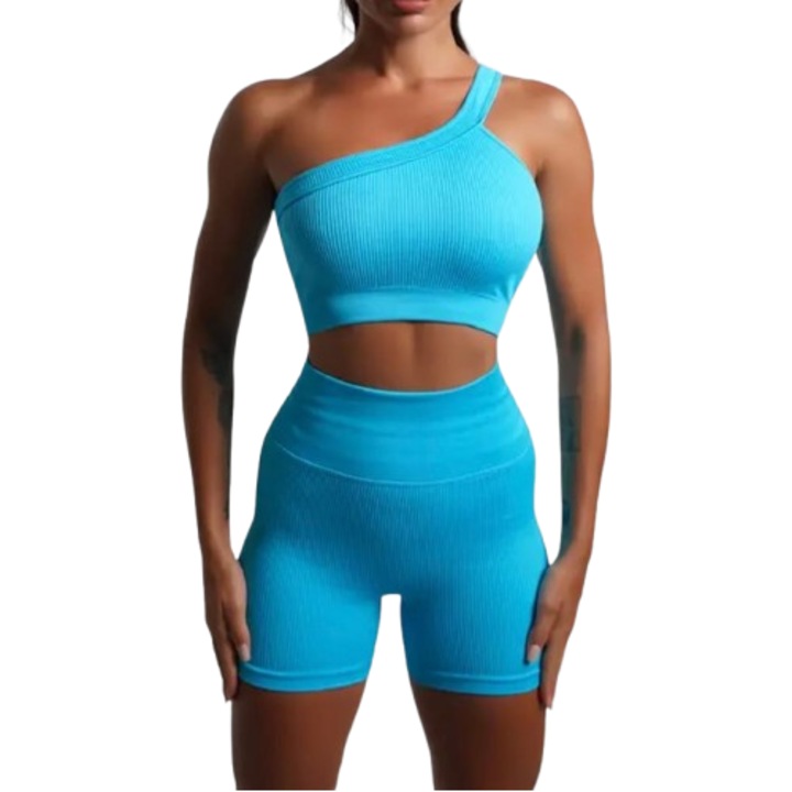 Set fitness femei, top asimetric si colanti scurti, albastru deschis, S