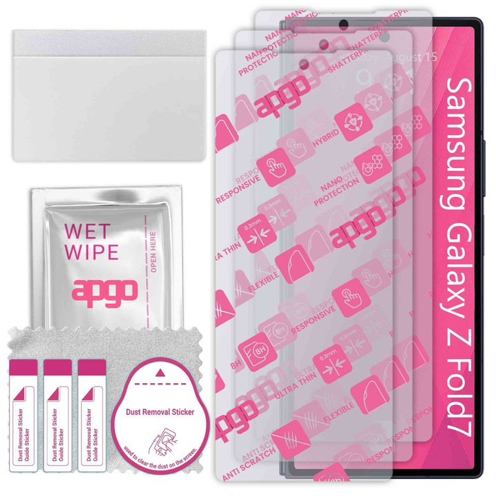 3x apgo Ultra-Clear Hybrid sticla protectoare compatibila cu Samsung Galaxy Z Fold7, sticla nano flexibila, inlocuire excelenta pentru sticla temperata, rezistenta la zgarieturi