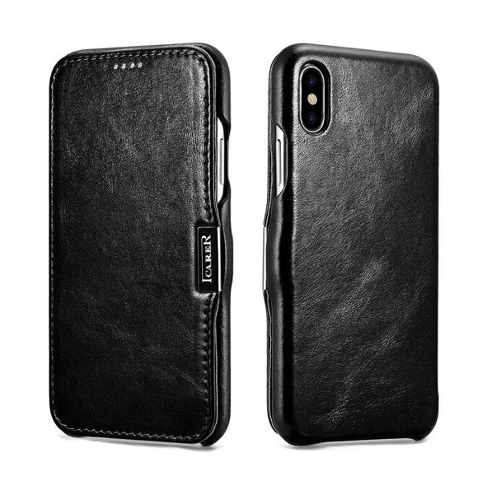 Husa iPhone X / XS, iCARER Vintage Series Side Open, din piele, tip carte, culoare Negru