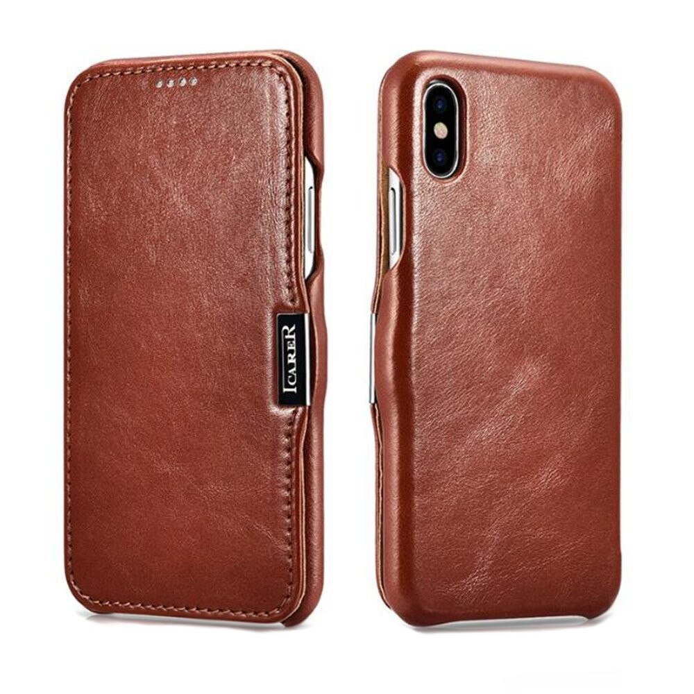 Husa iPhone X / XS, iCARER Vintage Series Side Open, din piele, tip carte, culoare Maro coniac