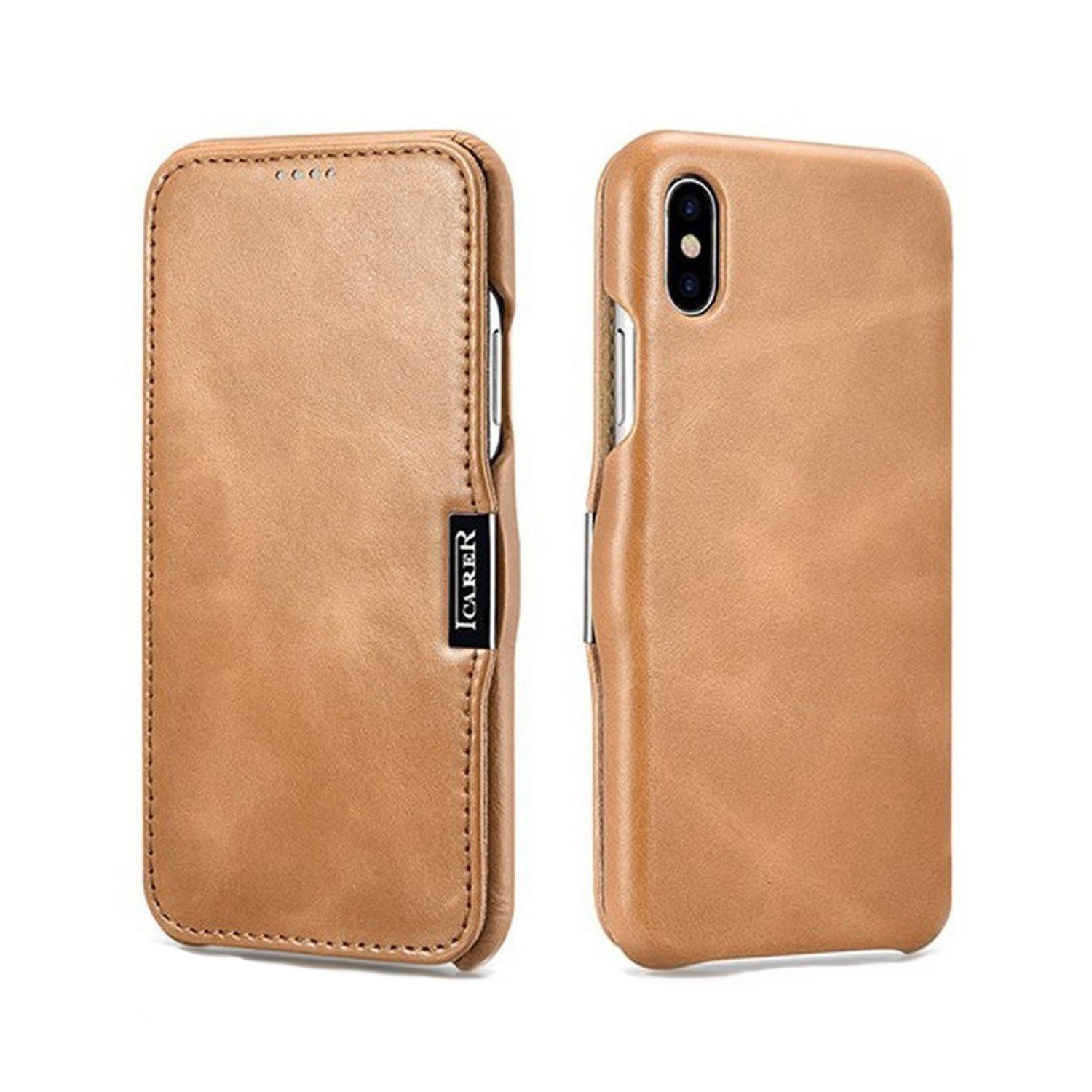 Husa iPhone X / XS, iCARER Vintage Series Side Open, din piele, tip carte, culoare Maro Camel