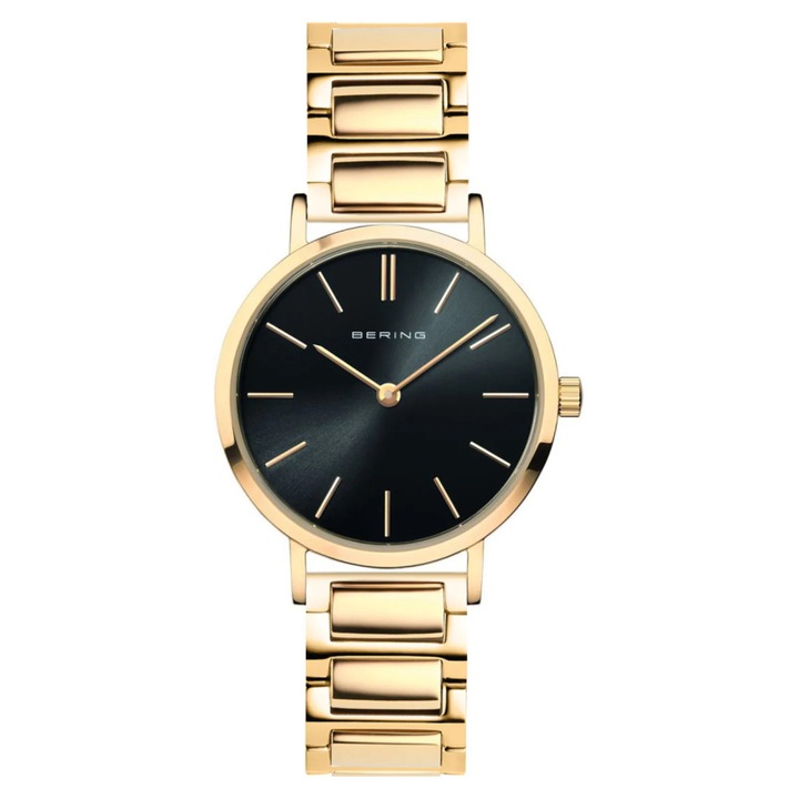 Ceas dama Bering 14129-732, bratara din otel inoxidabil galben, cadran negru, 29x6mm, rezistent la apa 30m