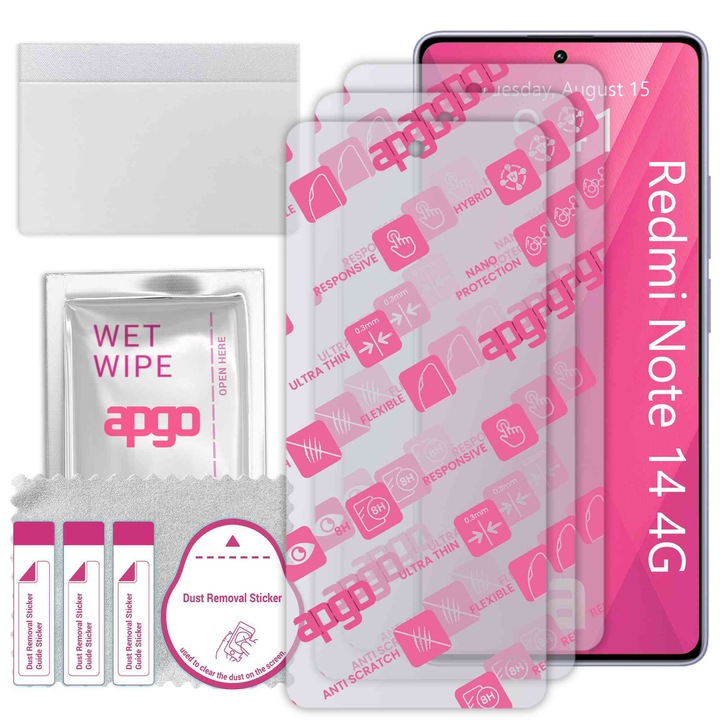 3x apgo Ultra-Clear Hybrid sticla protectoare compatibila cu Xiaomi Redmi Note 14 4G (Global), sticla nano flexibila, inlocuire excelenta pentru sticla temperata, rezistenta la zgarieturi