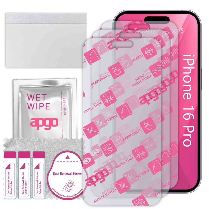 3x apgo Ultra-Clear Hybrid sticla protectoare compatibila cu Apple iPhone 16 Pro, sticla nano flexibila, inlocuire excelenta pentru sticla temperata, rezistenta la zgarieturi