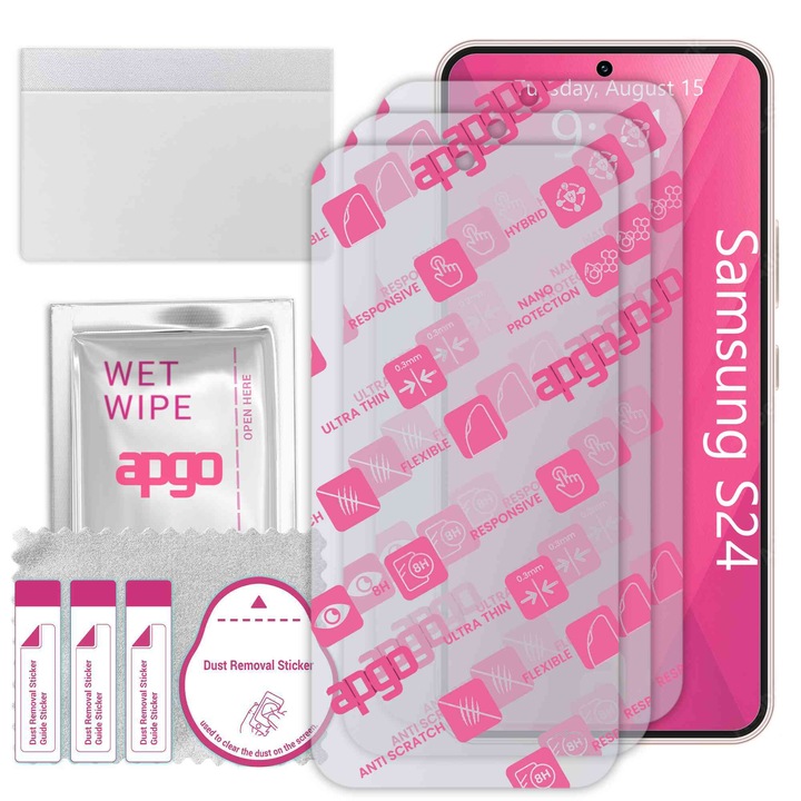 3x apgo Ultra-Clear Hybrid sticla protectoare compatibila cu Samsung Galaxy S24, sticla nano flexibila, inlocuire excelenta pentru sticla temperata, rezistenta la zgarieturi