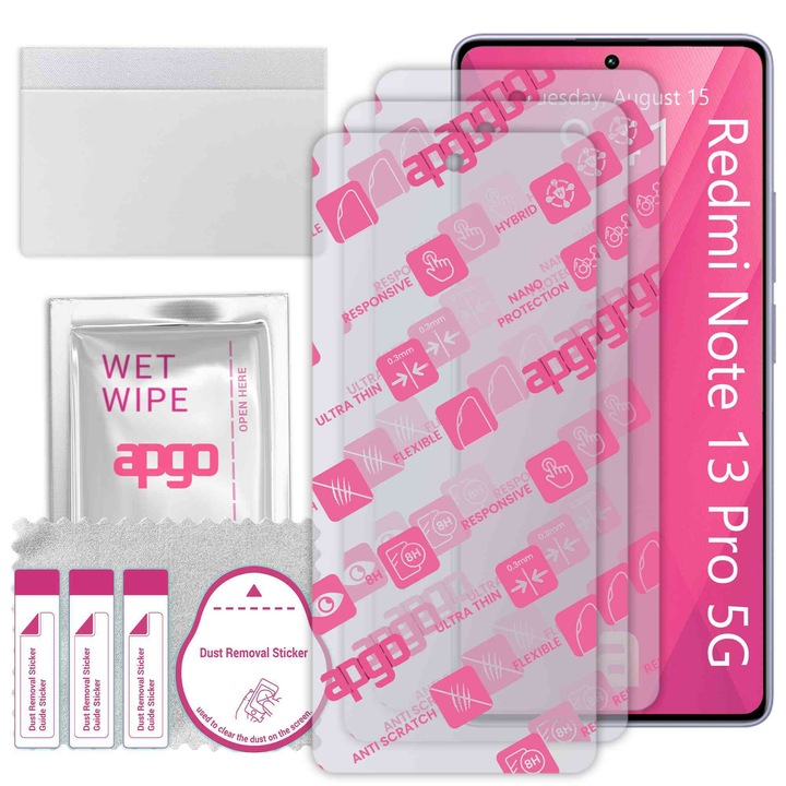 3x apgo Ultra-Clear Hybrid sticla protectoare compatibila cu Xiaomi Redmi Note 13 Pro 5G, sticla nano flexibila, inlocuire excelenta pentru sticla temperata, rezistenta la zgarieturi