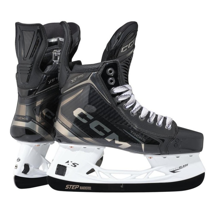 Patine de hochei CCM Tacks XF Pro, Junior, 5 - 39, cizma dintr-o bucata, lame STEP Blacksteel