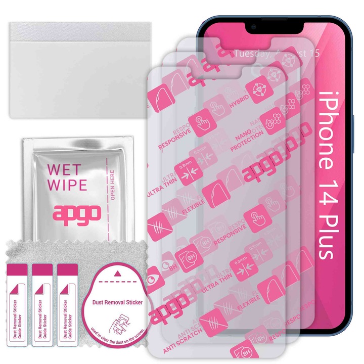 3x apgo Ultra-Clear Hybrid sticla protectoare compatibila cu Apple iPhone 14 Plus, sticla nano flexibila, inlocuire excelenta pentru sticla temperata, rezistenta la zgarieturi