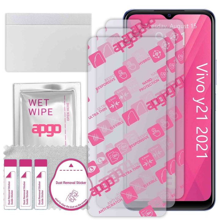 3x apgo Ultra-Clear Hybrid sticla protectoare compatibila cu Vivo Y21 2021, sticla nano flexibila, inlocuire excelenta pentru sticla temperata, rezistenta la zgarieturi