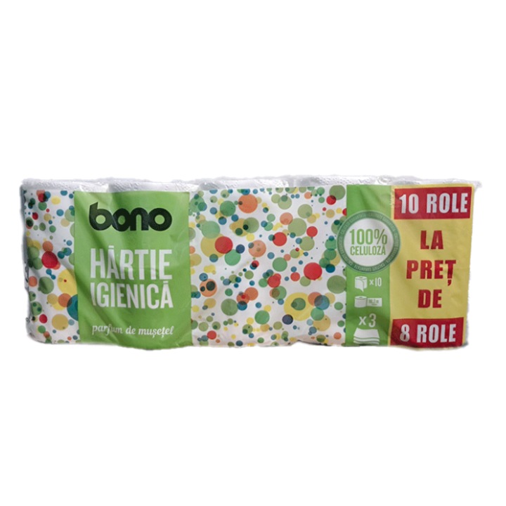 Hartie igienica parfumata Bono, 3 straturi, set 10 role, extra moale, rezistenta