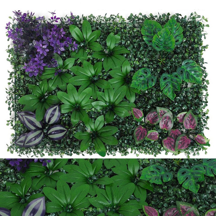 Feicaeesa® Изкуствено растение, Декоративен листен панел 40x60 см - Зелен с лилави акценти и уникални текстури (Дълъг/С длани/Перфориран), За вътрешна употреба