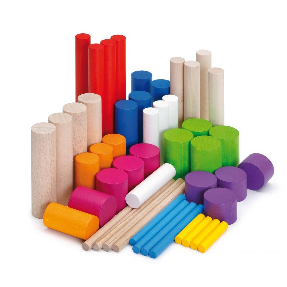 Set educativ, forme cilindrice de stivuit, set mare, lemn, 48 piese