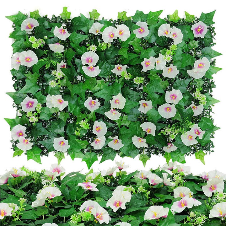 Panou Artificial, Feicaeesa, Vertical, Flori Albe cu Centru Roz si Frunze Verzi, 40x60 cm