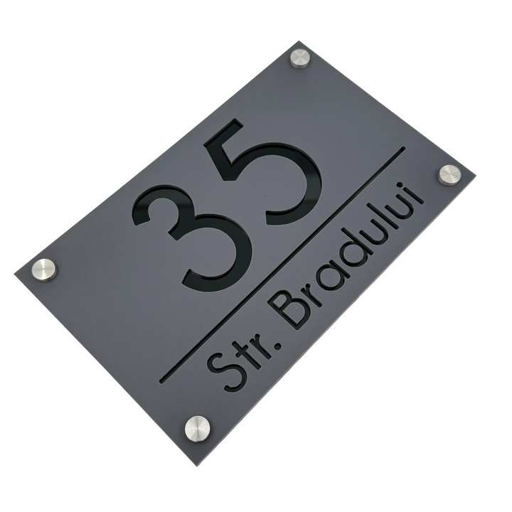 Placuta numar casa, Negru Satinat, Negru Lucios, 4 Distantieri Argintii, 24x15cm