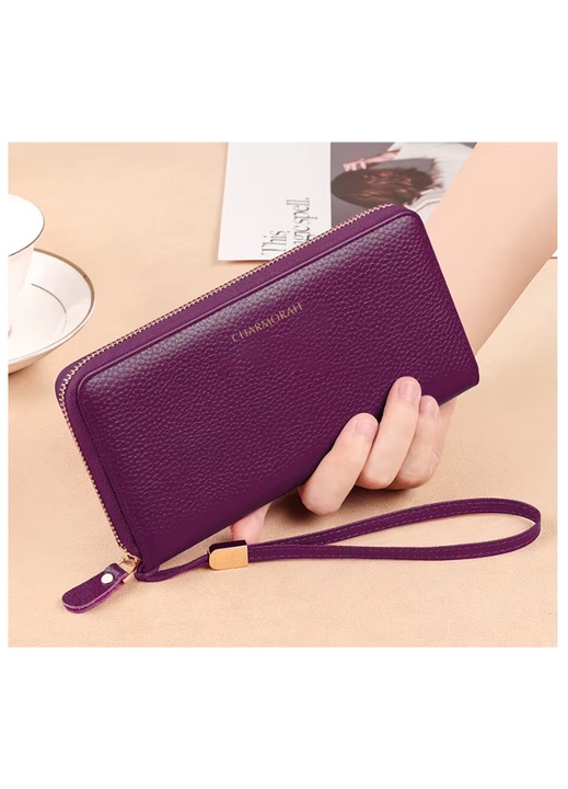 Portofel dama Charmorah din piele naturala violet, capacitate mare, multifunctional, elegant, rezistent, cu fermoar si aspect granulat, 10.5x20x3cm