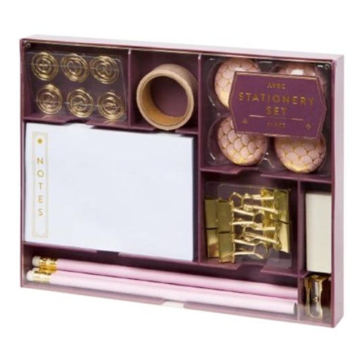 Комплект офис аксесоари LUX, 31 части: моливи с гумичка, острилка, гумичка, комплект за бележки, кръгли магнити, кламери, щипки, тиксо