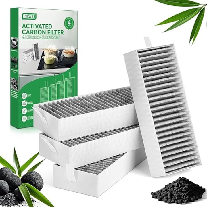 Set 4 filtre pentru hota, carbon activ, cu 5 straturi, 193 x 75 x 35 mm, filtru recirculare de schimb, compatibil Siemens, Bosch, Neff, Gaggenau, Constructa