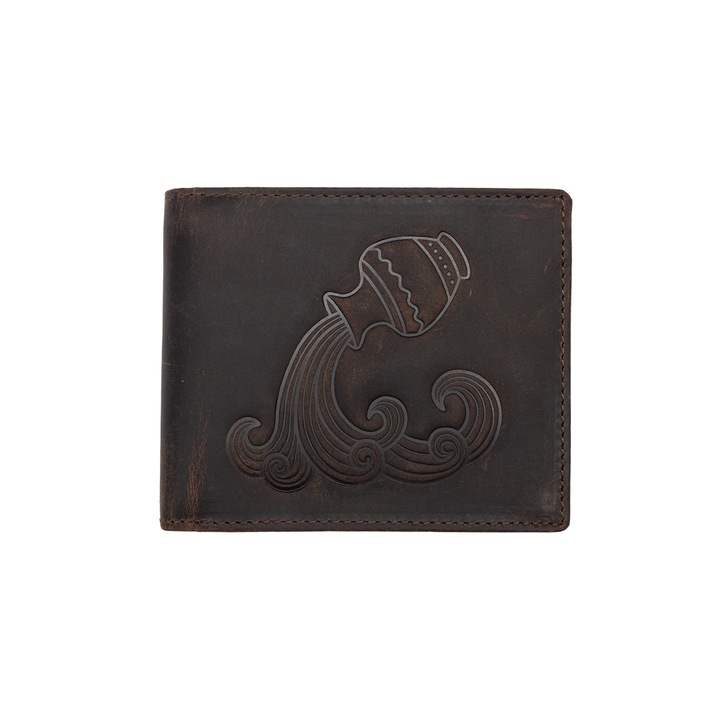 Portofel barbati, Toro Nero, piele naturala, zodiac Varsator, maro, bifold