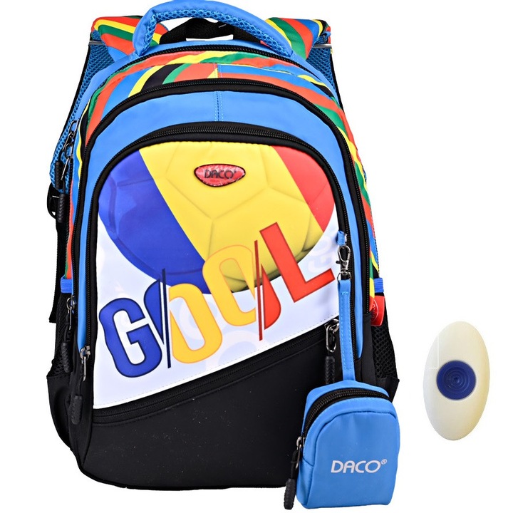 Ghiozdan baieti clasa 0-2, Gool, albastru-galben, DACO GH3515, 38 cm + radiera cu grip FLR