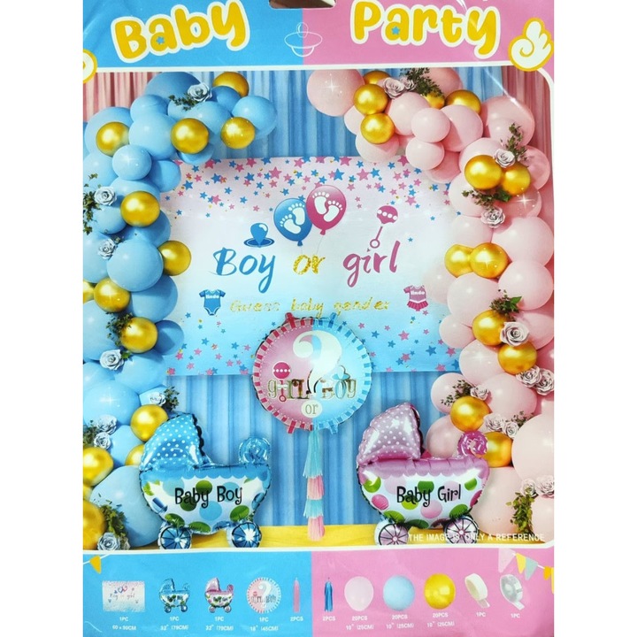 Set 70 piese pentru arcada, Boy or Girl, Gender Reveal, cu toate accesoriile incluse, Bleu/Roz