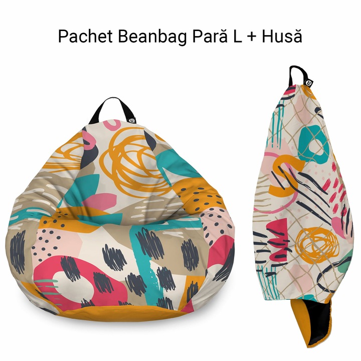 Pachet: Fotoliu + Husa Updeco Puf Bean Bag tip para L, impermeabil, indoor/outdoor, sac interior, cu maner, 80 x 80 x 55 cm, Fotoliu Puf Abstract Passionfruit + Husa Abstract Peony