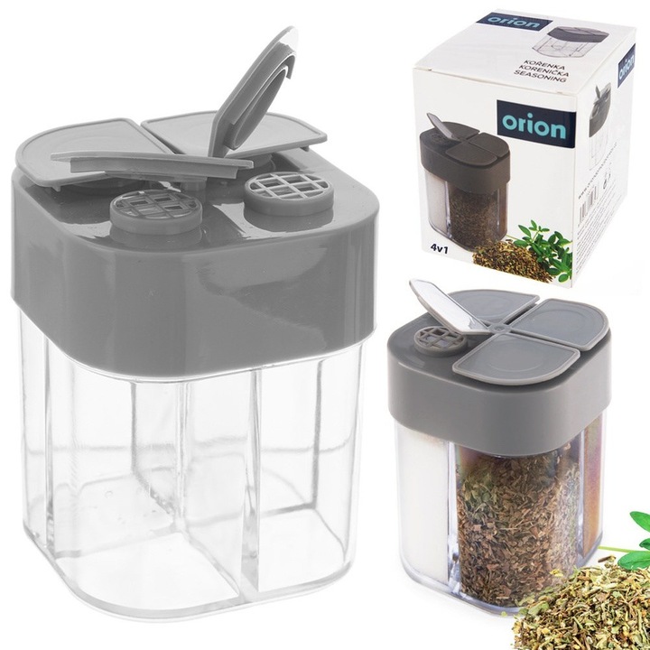 Set Recipient Pentru Condimente, Orion, Kemp, 6.5x8.5 cm, Fabricat Din Material De Inalta Calitate, Culoare Transparenta, Patru Dozatoare Cu Deschidere In Plasa, Inchidere Etansa, Transparent/Gri