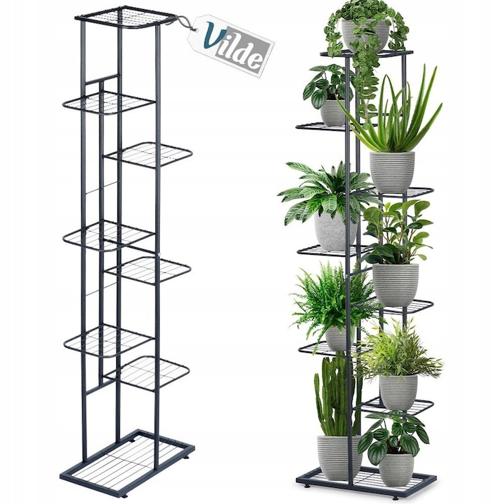 Suport Metalic Pentru Flori, Vilde, 44x22x142 cm, Metalic, 8 Niveluri, Stabil, Stil Industrial, Impresionant, Calitate Inalta A Materialelor, Negru