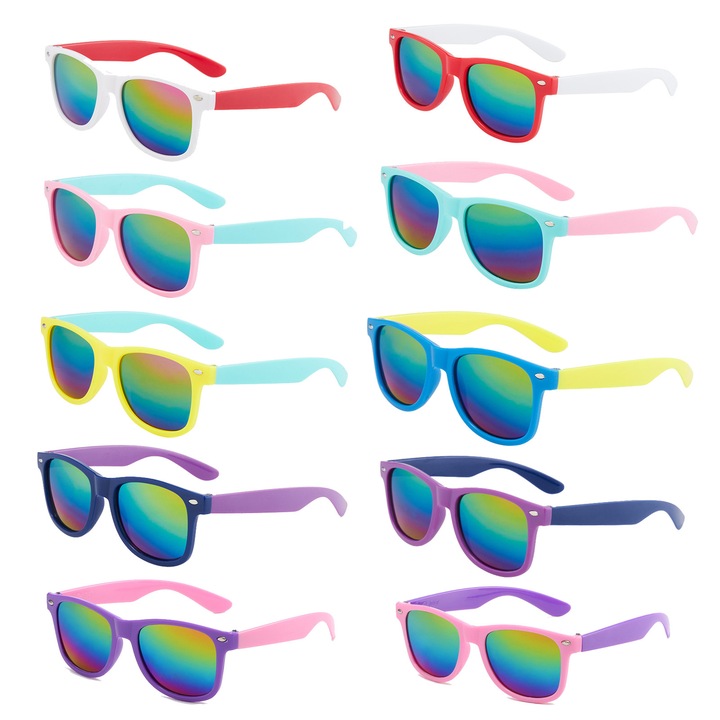Set 12 ochelari de soare pentru copii, Axroad Mall, Flexibil, Unisex, Model cu rama fashion, Lentile colorate, Protectie UV400, Polarized Ienses, Tematica cozy summer, Durabilitate si confort, Pentru 3-12 Ani, PC, Multicolor