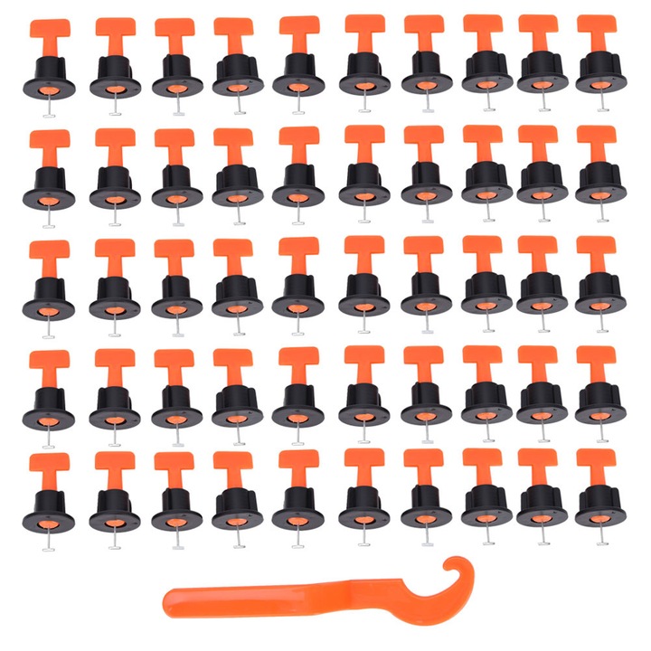 Set nivelatoare pentru placi ceramice 0803BM-BSTY00916714, pentru rost 2-6 mm, pentru grosime placi 3-16 mm, PP si otel inoxidabil, negru/orange, 50 buc. + cheie
