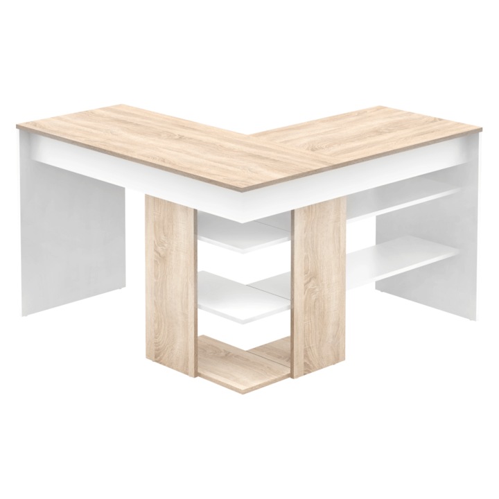 Birou PC colțar, stejar sonoma/alb, design modern, 120x120x75,4 cm