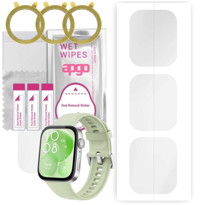 Set de 3 folii de protectie pentru ceas Huawei Watch Fit 3 – apgo, folie securizata, hidrogel, lucioasa, anti-zgarieturi, protectie profesionala ecran