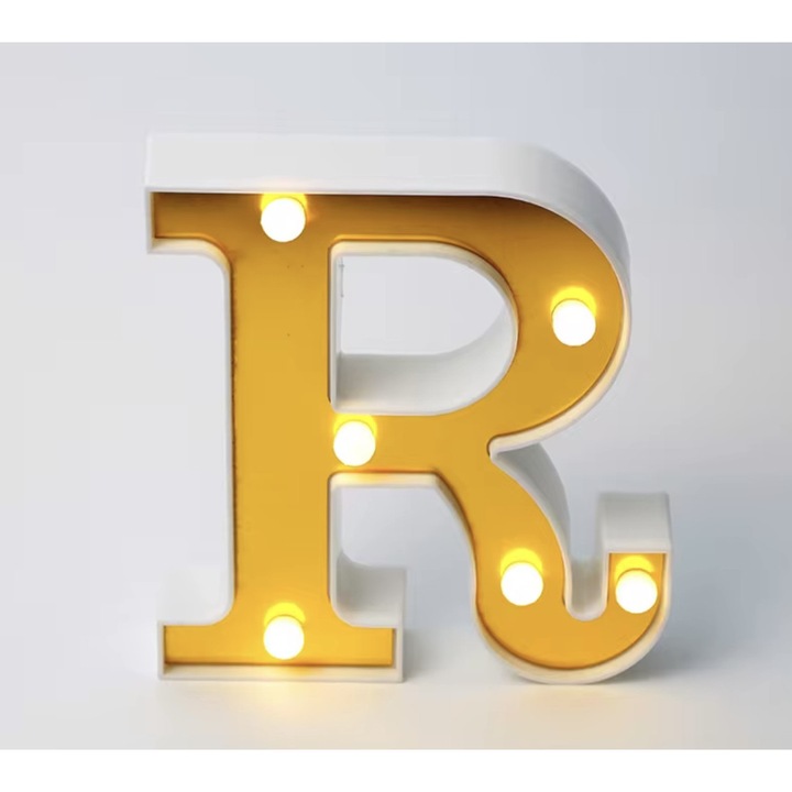 Litera Volumetrica Luminoasa "R", LED, cu 2 Baterii Incluse, Alb Cald, Decorativa, din Plastic, Alb/Auriu, 16 cm