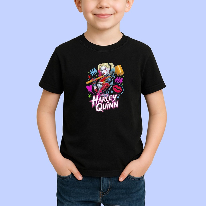 Tricou Copii Harley quinn zambet si par roz, Negru