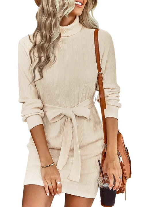 Rochie tricotata elastica, mulata, scurta, cu maneci lungi, bej, M