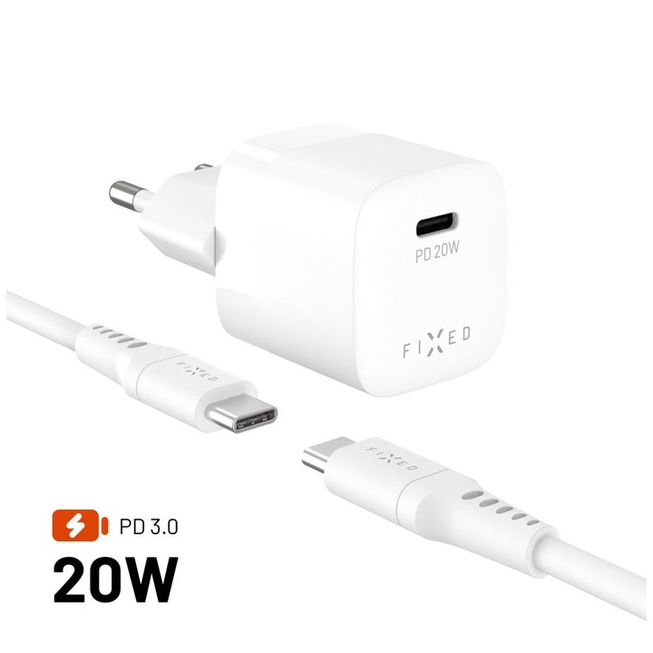 FIXED 20W mini hálózati töltő + USB-C – USB-C kábel, fehér