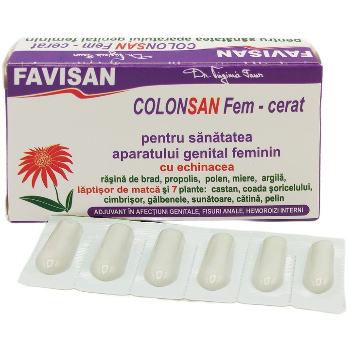 Supozitoare ColonSan pentru femei cu echinaceea si 7plante, "adjuvante in afectiuni genitale, fisuri anale, hemoroizi interni" reteta Virginia Faur, 12buc, Laboratoarele Favisan