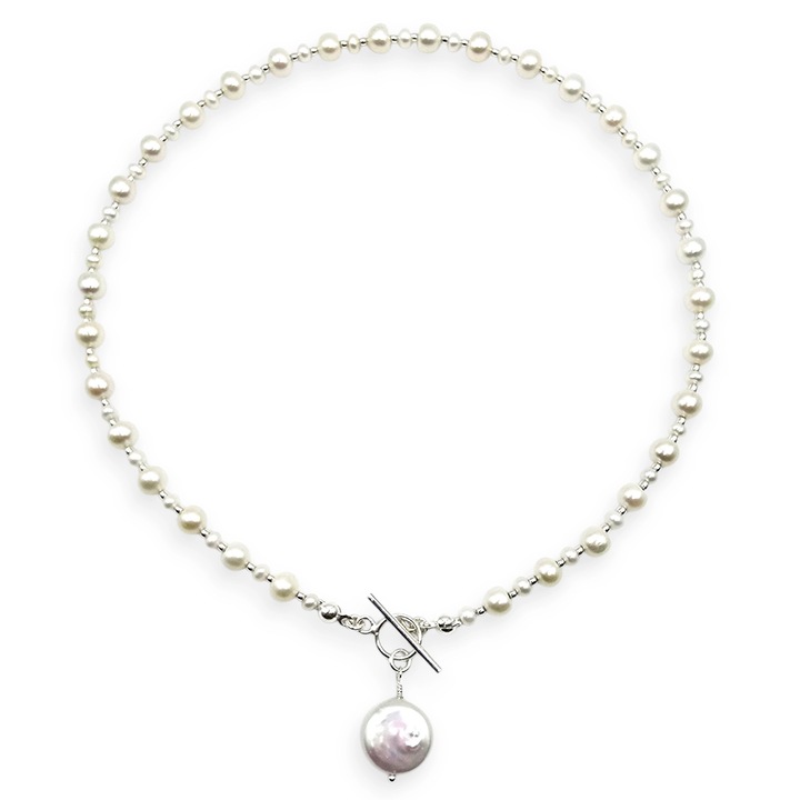 Colier handmade, din argint 925,, Lexy's Boutique, perle naturale, alb/argintiu, 38 cm