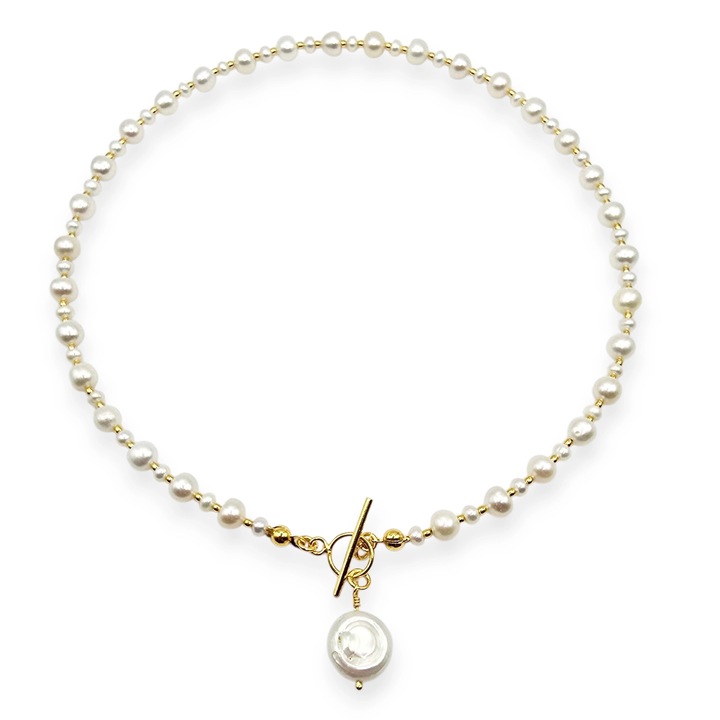 Colier handmade, din argint 925, Lexy's Boutique, perle naturale, placat cu aur 24k, auriu/alb, 38 cm