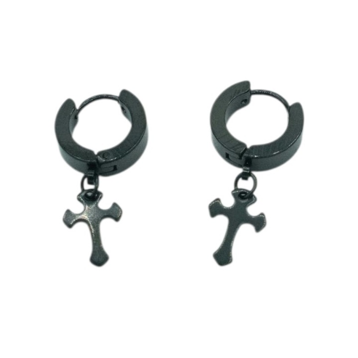 Cercei inox black 1,3 cm diametru cu cruiulita de 1,3 cm Costela