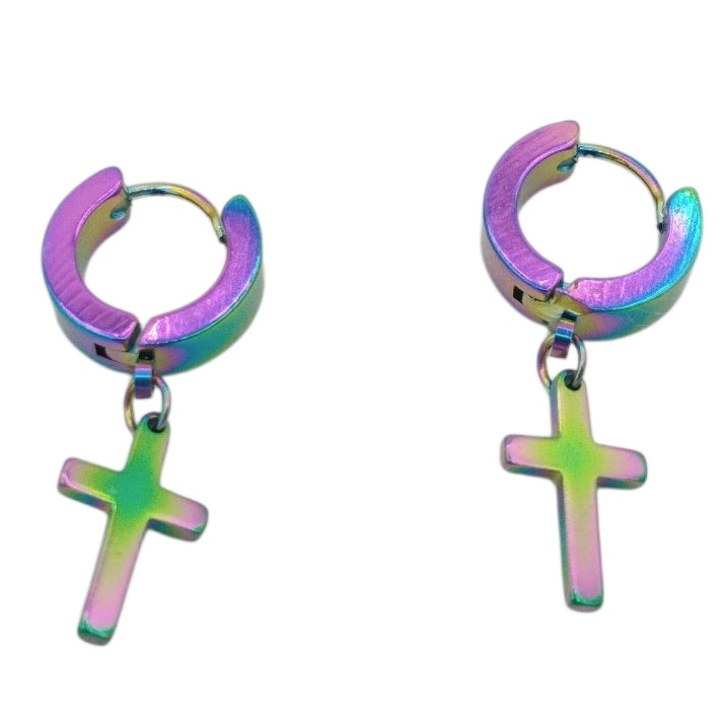 Cercei Inox color 1,3 cm diametru cu cruciulita Camea 1,5 cm