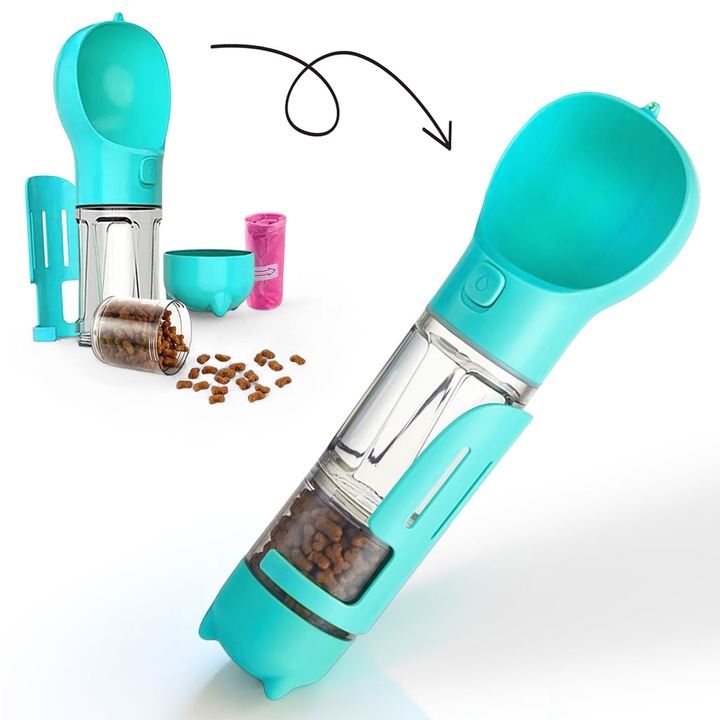 Sticla de apa pentru caini si pisici, zioda smart essentials®, recipient portabil 3in1 cu bol pentru apa, hrana, pungi igienice, design modular, anti-scurgere, ideala pentru plimbari, calatorii, excursii, animale de talie mica si medie, 300ml, albastru