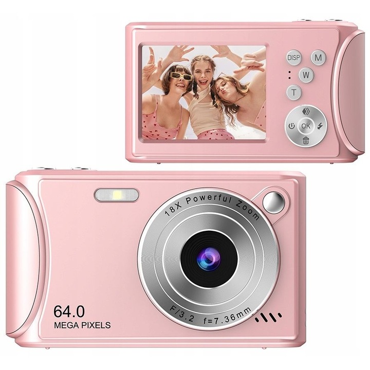 Aparat foto digital Fotografii 64MP Video 4K/30fps ZOOM 18x AntiShake, XREC Q18, Roz