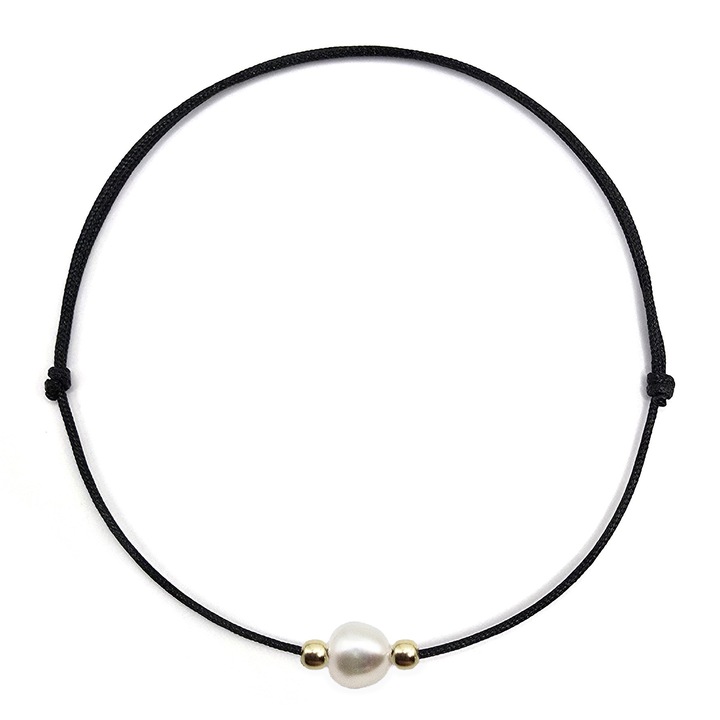 Bratara handmade, ajustabila, din aur 14k si snur de matase, Lexy's Boutique, perla de cultura, negru