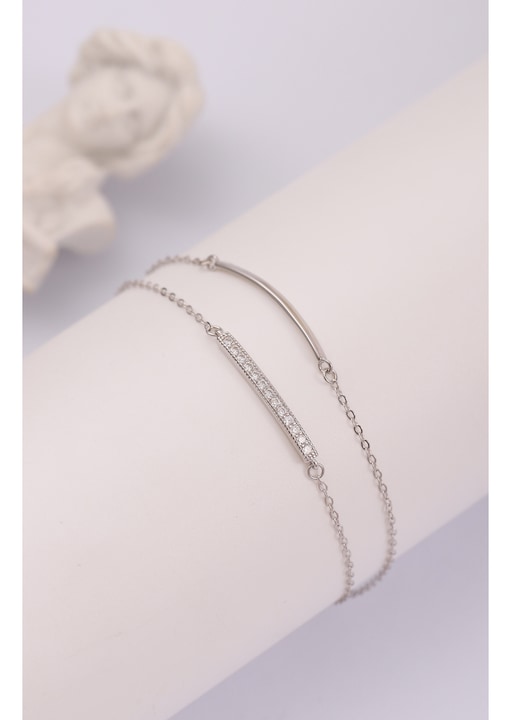 Bratara Dama Argint 925, Bratara Eleganta Cu Lant Dublu Fin, Bara Decorativa 2.5 Cm Cu Pietre Cubic Zirconia, Design Minimalist Modern, Bratara Reglabila 16 Cm Cu Extensie 4 Cm, Bijuterie Delicata Pentru Femei, Cadou Valentine’s Day Si 8 Martie, Argintiu