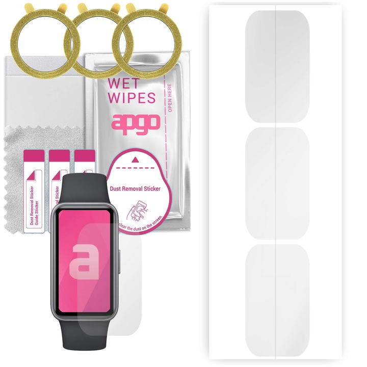 Set de 3 folii de protectie pentru ceas Huawei Band 10 – apgo, folie securizata, hidrogel, lucioasa, anti-zgarieturi, protectie profesionala ecran