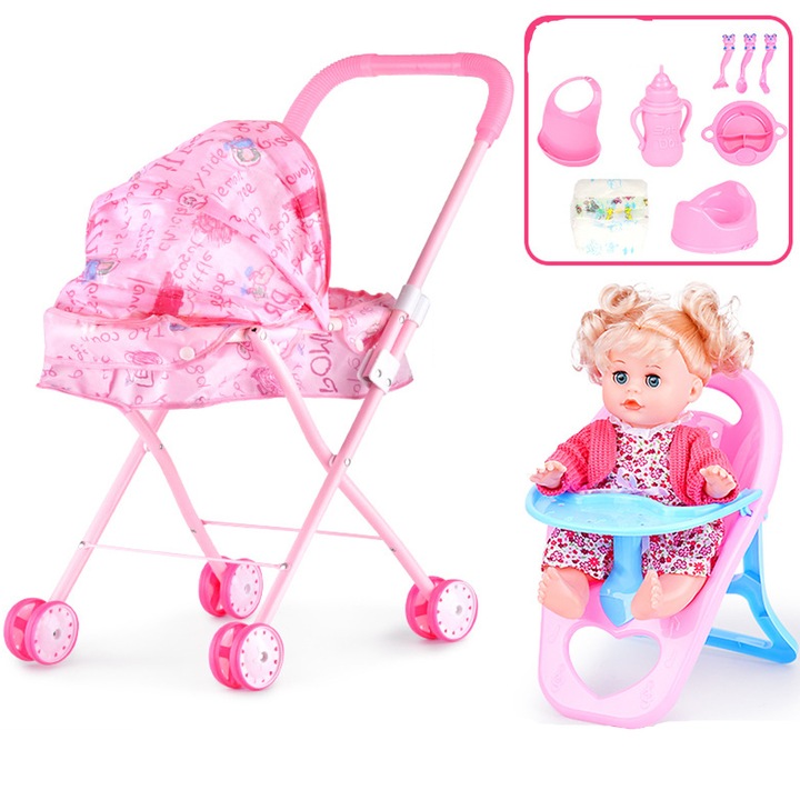 Set papusa bebelus interactiva multifunctionala care vorbeste, Axroad Mall, Carucior pentru papusi cu accesorii, 338 Sunete, Biberon, Olita, 3 linguri, Tacamuri, Scutec, Baveta, Carucior roz, Plastic, 33cm