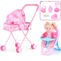 Set papusa bebelus interactiva multifunctionala care vorbeste, Axroad Mall, Carucior pentru papusi cu accesorii, 338 Sunete, Biberon, Olita, 3 linguri, Tacamuri, Scutec, Baveta, Carucior roz, Plastic, 33cm