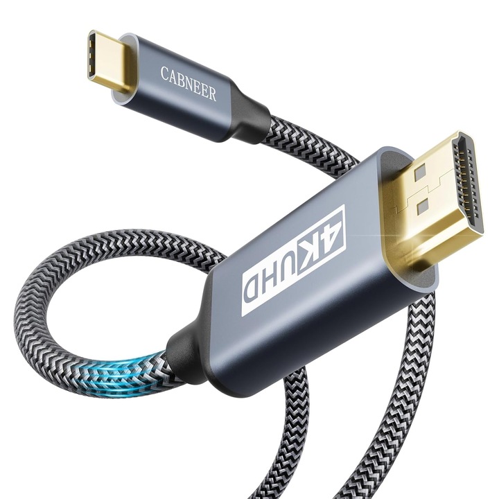 Кабел CABNEER USB-C към HDMI 4K@60Hz, 1.9 м, с найлонова оплетка, златни конектори, съвместим с Thunderbolt 3/4, Plug & Play